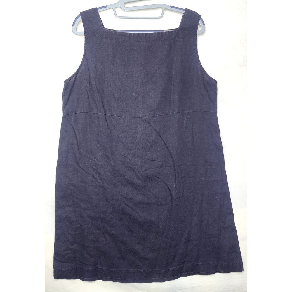 Harris Wallace New York Navy Blue 100% Linen Square Neck Shift Dress Womens L